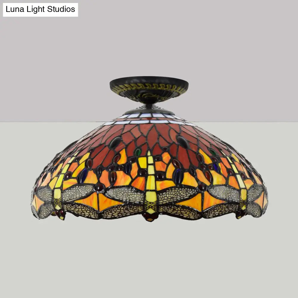 Tiffany-Style Dragonfly Cut Glass Ceiling Lamp - Brass Flush Mount Light Fixture 16’/18’ Width