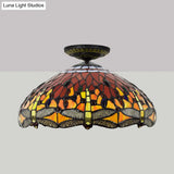 Tiffany-Style Dragonfly Cut Glass Ceiling Lamp - Brass Flush Mount Light Fixture 16’/18’ Width