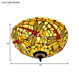 Tiffany - Style Dragonfly Cut Glass Ceiling Lamp - Bronze Flush Mount With 3 Heads Elegant Light