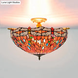 Tiffany - Style Dragonfly Stained Art Glass Ceiling Flush Mount With 5 Red/Blue Heads