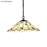 Tiffany-Style Flared Pendant Ceiling Light - Beige Stained Glass With Leaf Pattern