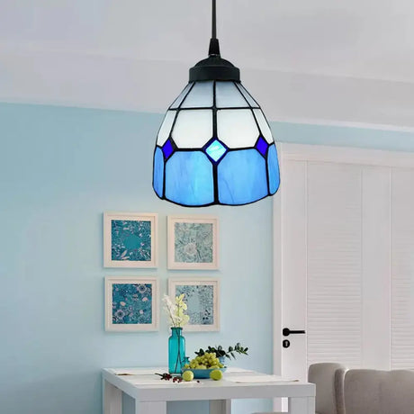 Tiffany-Style Flower Handcrafted Stained Glass Pendant Light In Yellow/Light Blue/Dark Blue Dark