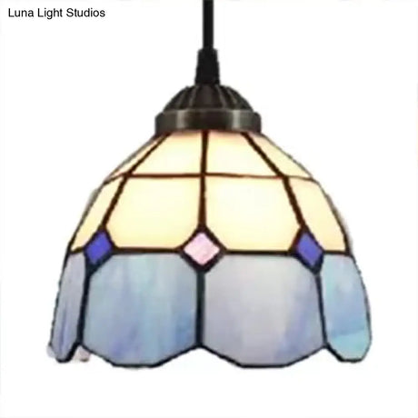 Tiffany-Style Flower Handcrafted Stained Glass Pendant Light In Yellow/Light Blue/Dark Blue