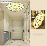 Tiffany Style Glass Bowl Led Ceiling Light - Handcrafted Beige Flush Mount For Hallway