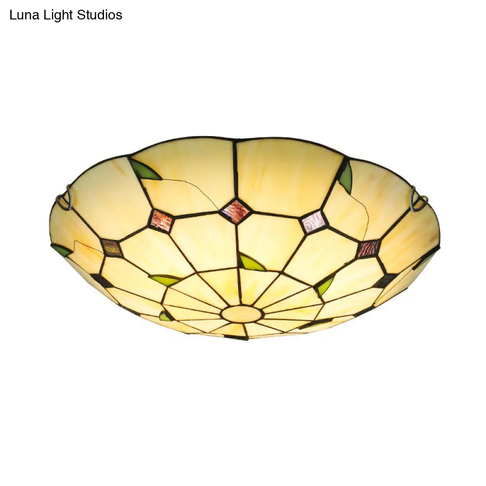 Tiffany Style Glass Bowl Led Ceiling Light - Handcrafted Beige Flush Mount For Hallway