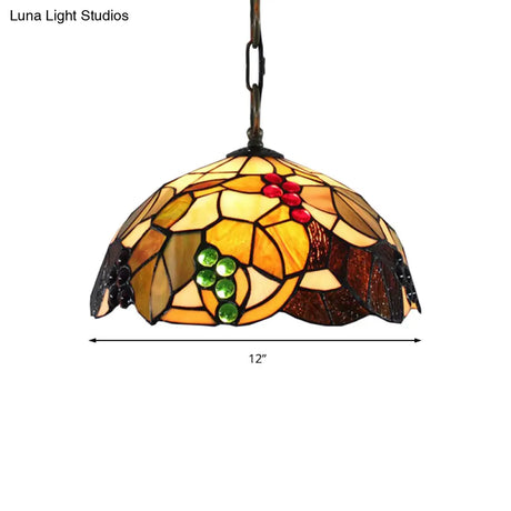 Tiffany-Style Grape Pendant Lighting - 12’/16’ Wide 1-Head Brown Cut Glass Ceiling Light