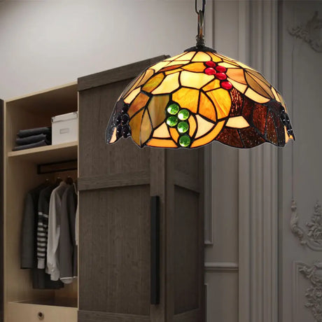 Tiffany-Style Grape Pendant Lighting - 12’/16’ Wide 1-Head Brown Cut Glass Ceiling Light / 16’