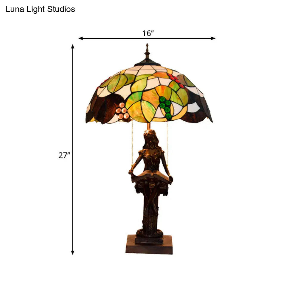 Tiffany Style Green Glass Grapevine Night Lamp With Pull Chain And Reading Girl Base