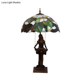 Tiffany Style Green Glass Grapevine Night Lamp With Pull Chain And Reading Girl Base