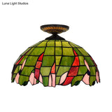 Tiffany-Style Hand Cut Glass Brass Flush Mount Ceiling Light With Single Bulb