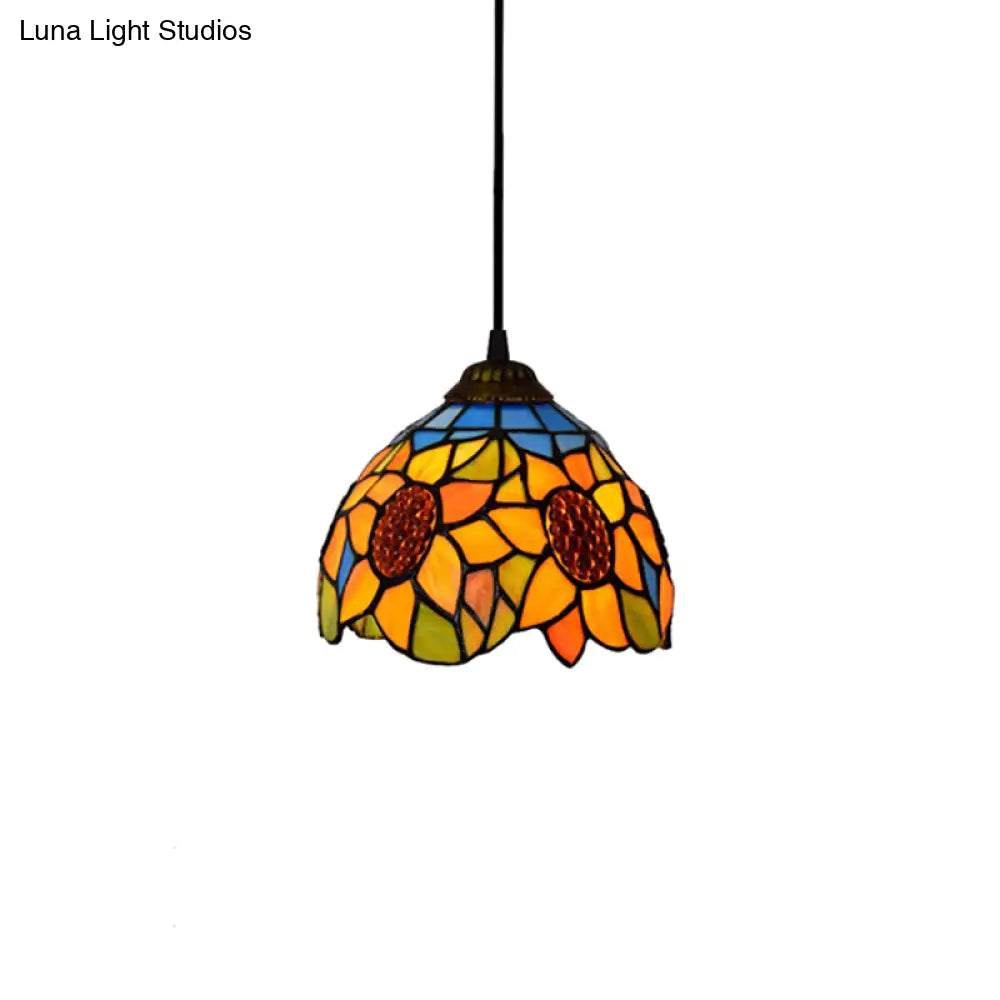 Tiffany-Style Hand Cut Glass Pendant Ceiling Light - Green/Orange Flare Design Ideal For Living Room
