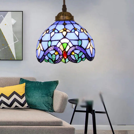 Tiffany Style Hand Cut Glass Pendant Light With Bell Shade: Single Suspension Fixture Purple / 8’