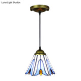 Tiffany-Style Handcrafted Blue Art Glass Pendant Ceiling Lamp With Flower Pattern - Wide Flare 1