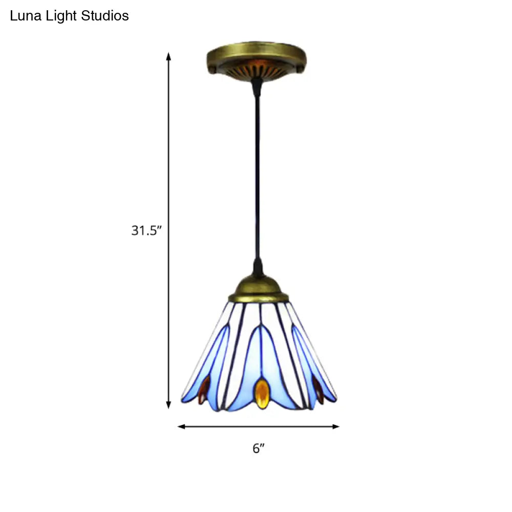 Tiffany-Style Handcrafted Blue Art Glass Pendant Ceiling Lamp With Flower Pattern - Wide Flare 1