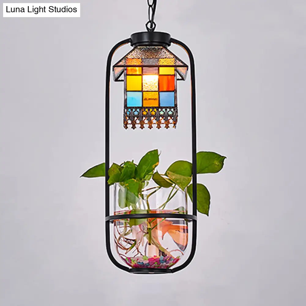 Tiffany Style House Shaped Hanging Lamp Kit With Stainless Glass - 1 Head Black Finish Ceiling Light