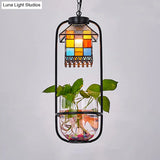 Tiffany Style House Shaped Hanging Lamp Kit With Stainless Glass - 1 Head Black Finish Ceiling Light