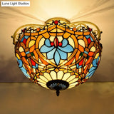 Tiffany Style Lotus Stained Glass Ceiling Fixture - Semi Mount Brown Ideal For Dining Room Lighting