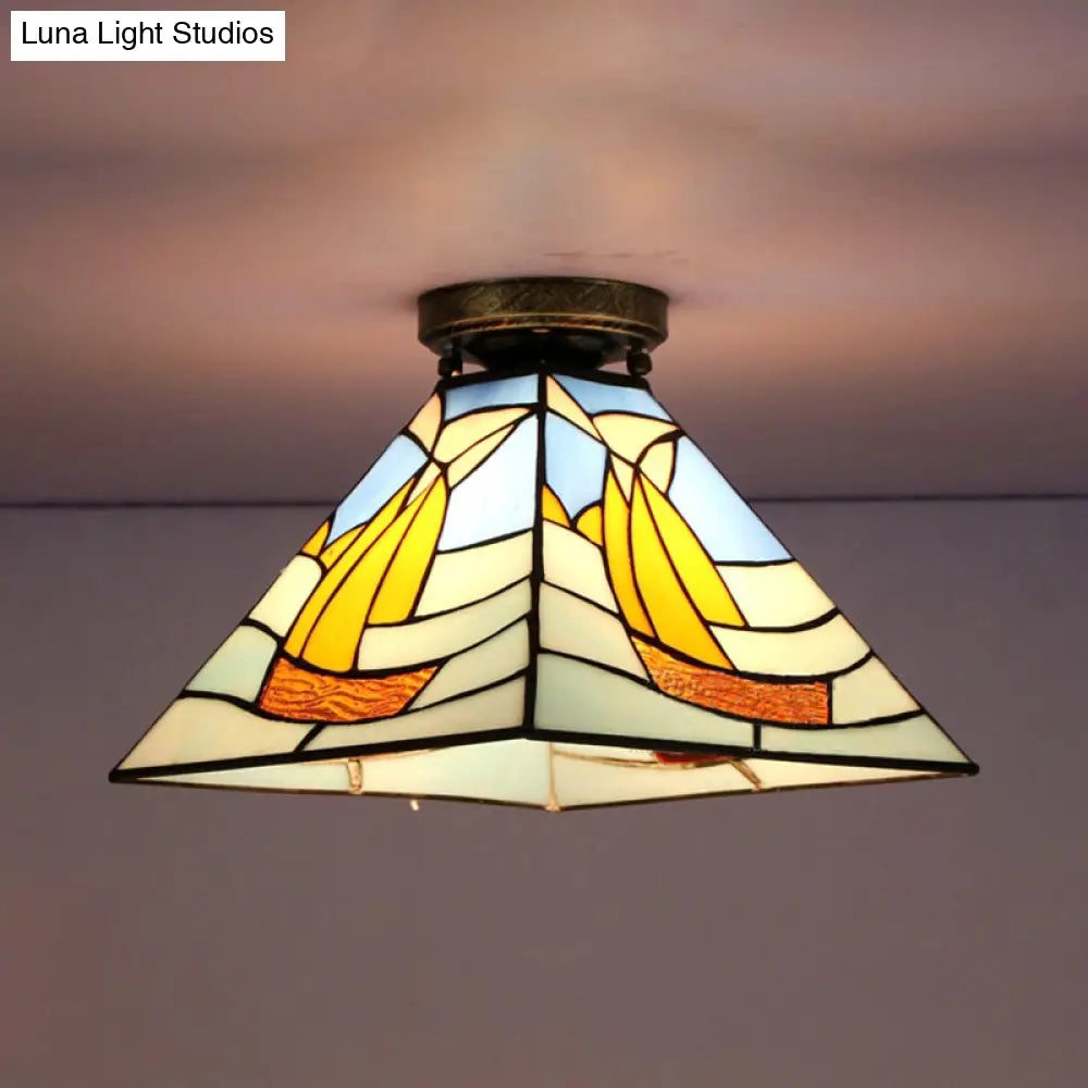 Tiffany Style Nautical Stained Glass Flush Light Fixture - Clear/White/Orange/Pink/Blue For Hallway