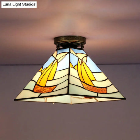 Tiffany Style Nautical Stained Glass Flush Light Fixture - Clear/White/Orange/Pink/Blue For Hallway