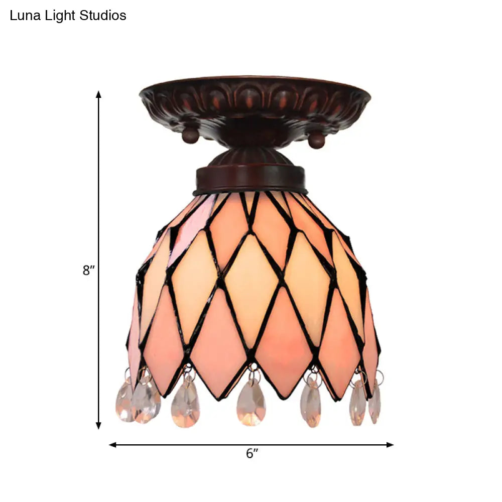 Tiffany Style Pink Glass Ceiling Flushmount Light Fixture - 1 Flower/Flared/Rhombus Design