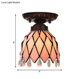 Tiffany Style Pink Glass Ceiling Flushmount Light Fixture - 1 Flower/Flared/Rhombus Design