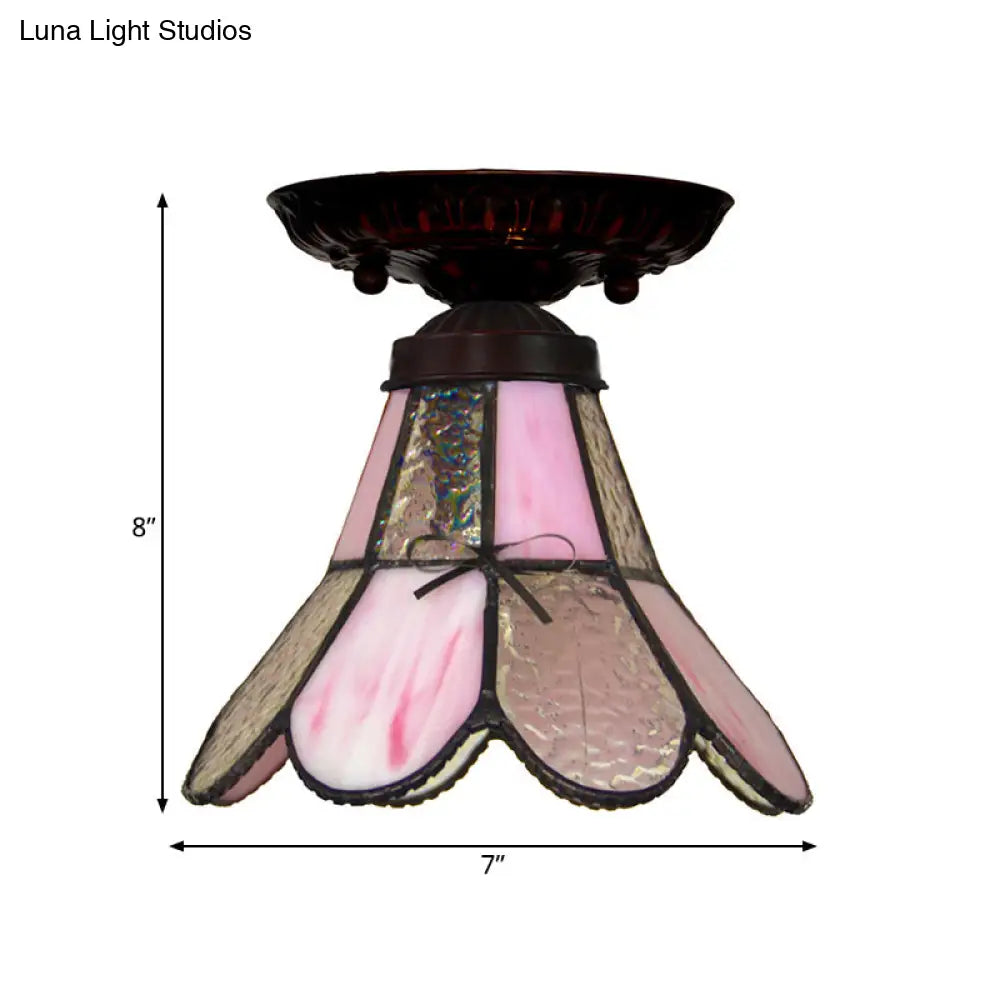Tiffany Style Pink Glass Ceiling Flushmount Light Fixture - 1 Flower/Flared/Rhombus Design