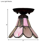 Tiffany Style Pink Glass Ceiling Flushmount Light Fixture - 1 Flower/Flared/Rhombus Design