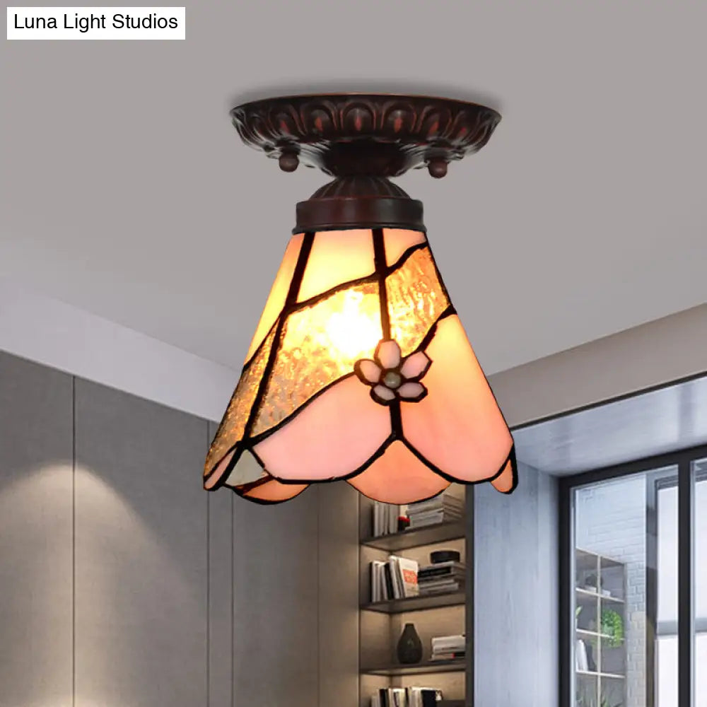Tiffany Style Pink Glass Ceiling Flushmount Light Fixture - 1 Flower/Flared/Rhombus Design