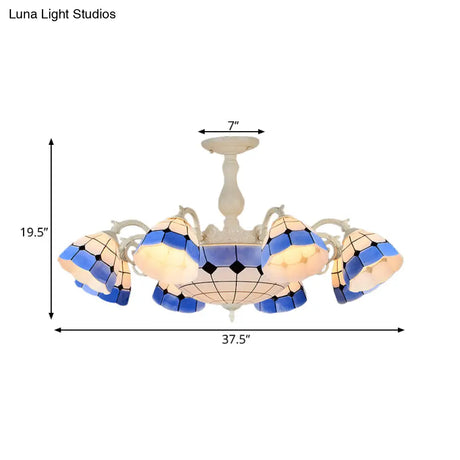Tiffany - Style Semi Flush Ceiling Lamp: Grid Patterned Blue Cut Glass - Ideal For Living Room