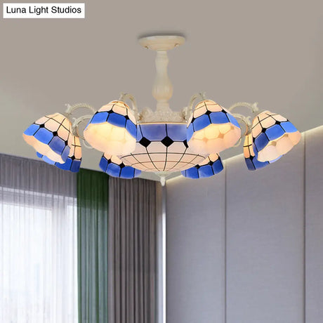 Tiffany - Style Semi Flush Ceiling Lamp: Grid Patterned Blue Cut Glass - Ideal For Living Room