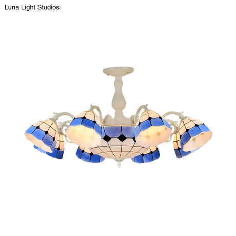 Tiffany - Style Semi Flush Ceiling Lamp: Grid Patterned Blue Cut Glass - Ideal For Living Room
