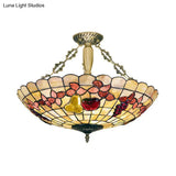 Tiffany Style Semi - Flush Ceiling Light With Butterfly Rose & Fruit Shell Shade