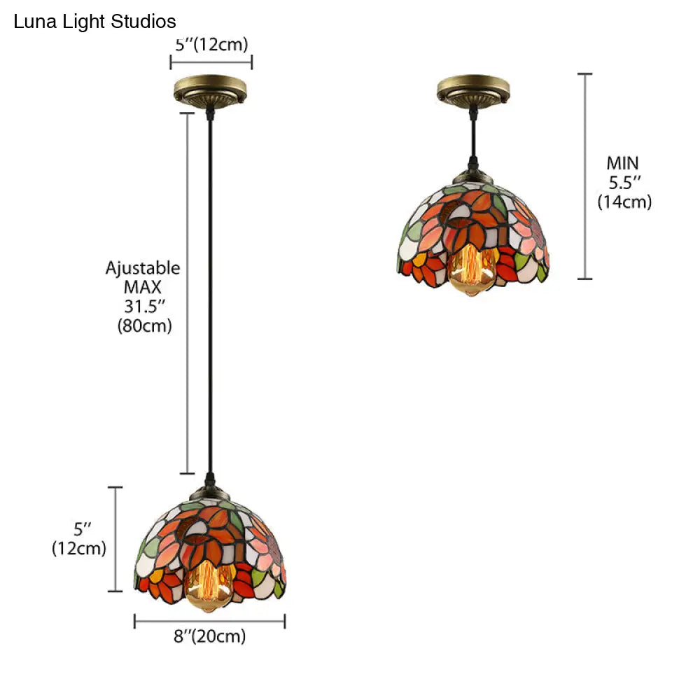 Tiffany-Style Stained Art Glass Hemisphere Pendant Lamp - Red/Orange/Green Ceiling Hanging Light