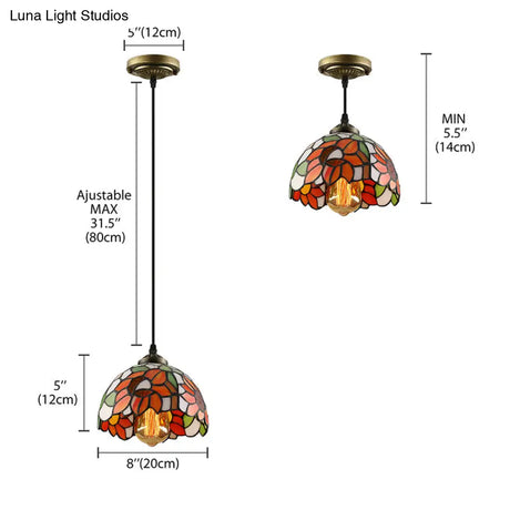 Tiffany-Style Stained Art Glass Hemisphere Pendant Lamp - Red/Orange/Green Ceiling Hanging Light