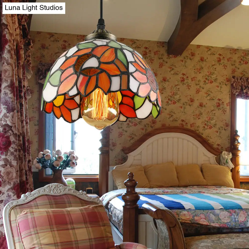 Tiffany-Style Stained Art Glass Hemisphere Pendant Lamp - Red/Orange/Green Ceiling Hanging Light