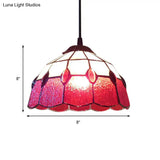 Tiffany-Style Stained Glass Bowl Pendant Lamp - Red Drop 1 Head Lighting For Living Room