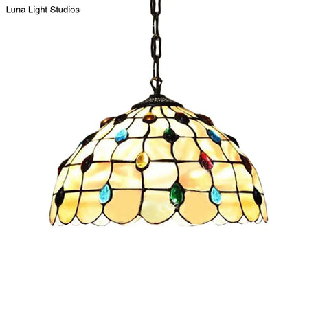 Tiffany-Style Stained Glass Bowl Pendant Lamp With Two Beige Heads And Gemstone Cabochons -