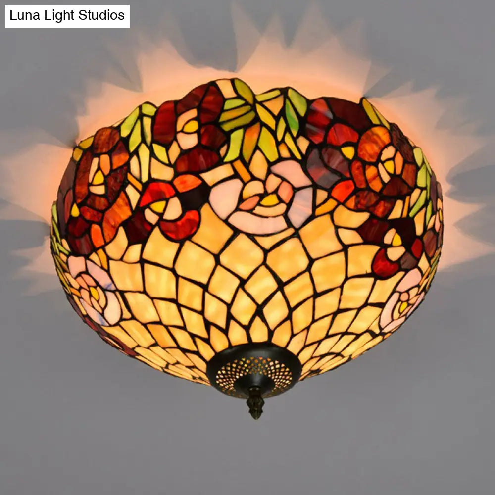 Tiffany-Style Stained Glass Ceiling Lamp In Bronze With 3 Bulb Flush Mount
