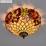 Tiffany-Style Stained Glass Ceiling Lamp In Bronze With 3 Bulb Flush Mount