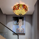 Tiffany-Style Stained Glass Ceiling Lamp In Bronze With 3 Bulb Flush Mount