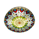 Tiffany Style Stained Glass Ceiling Light With Peacock & Jewel Accents - 3-Light Drum Flush Mount
