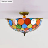Tiffany - Style Stained Glass Circle Flush Mount Lighting With 5 Brass Heads - 21.5’/25.5’ Wide