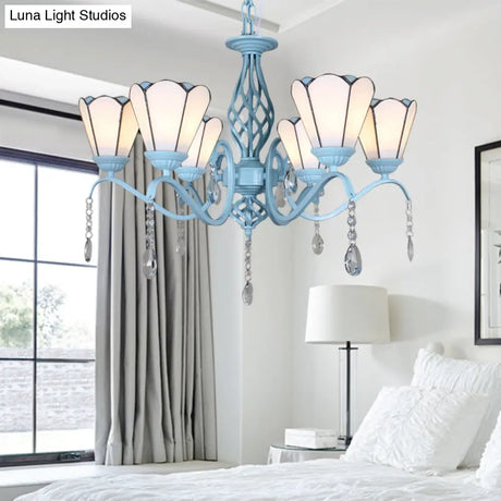 Tiffany Style Stained Glass Cone Pendant Chandelier - Adjustable Chain White/Blue/Clear Perfect For