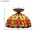 Tiffany-Style Stained Glass Floral Ceiling Fixture: Bronze Flush Mount With Single Bulb