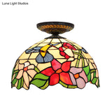 Tiffany-Style Stained Glass Floral Ceiling Fixture: Bronze Flush Mount With Single Bulb
