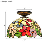 Tiffany-Style Stained Glass Floral Ceiling Fixture: Bronze Flush Mount With Single Bulb