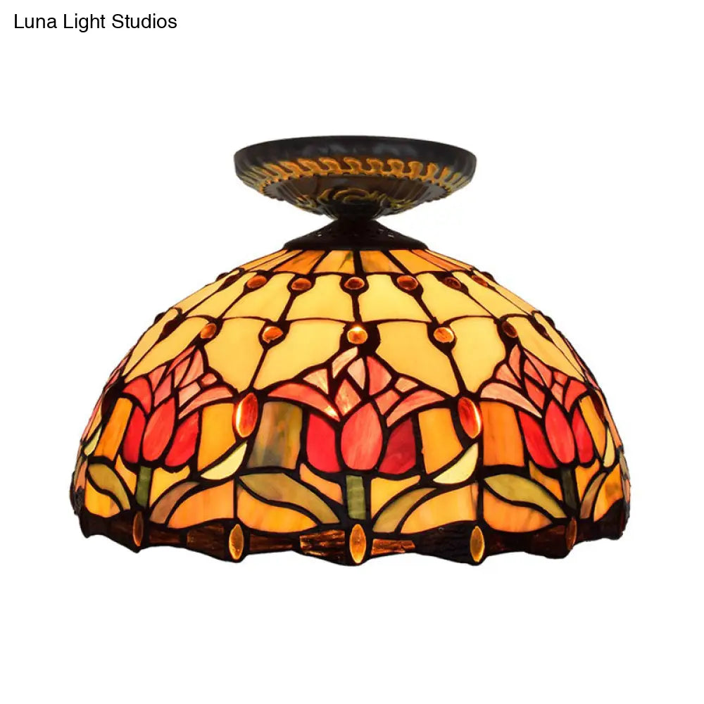 Tiffany-Style Stained Glass Floral Ceiling Fixture: Bronze Flush Mount With Single Bulb