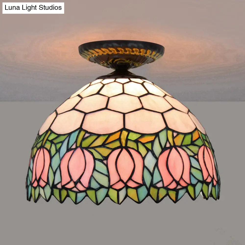 Tiffany-Style Stained Glass Floral Ceiling Fixture: Bronze Flush Mount With Single Bulb