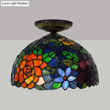 Tiffany-Style Stained Glass Floral Ceiling Fixture: Bronze Flush Mount With Single Bulb