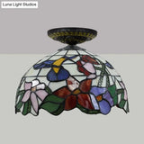 Tiffany-Style Stained Glass Floral Ceiling Fixture: Bronze Flush Mount With Single Bulb